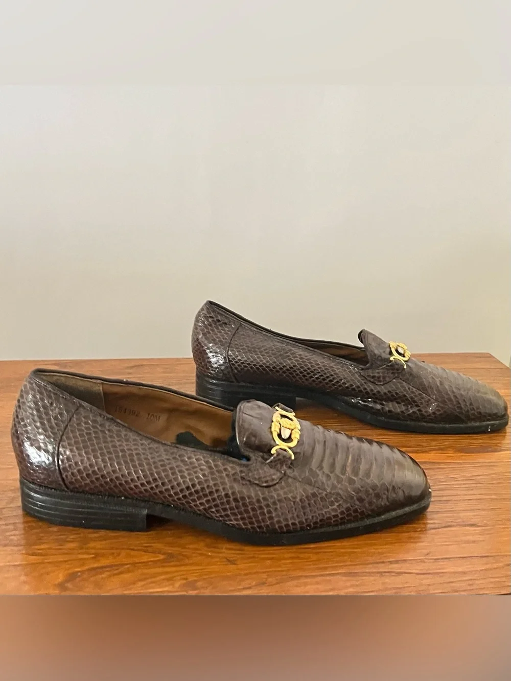 Giorgio Brutini Brown Genuine Snake- Texture Slip-On Loafers with Gold Bit
